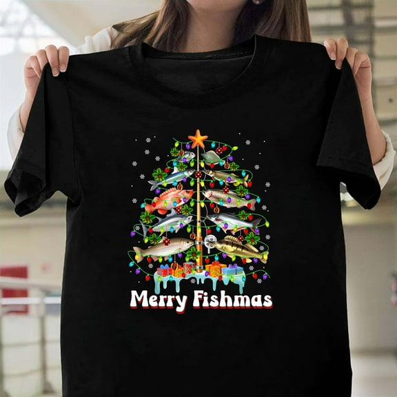 Merry Fishmas Funny Christmas Tree Fishing Graphic Unisex T-Shirt, Fisherman Gift G0439, Up to Size 5XL