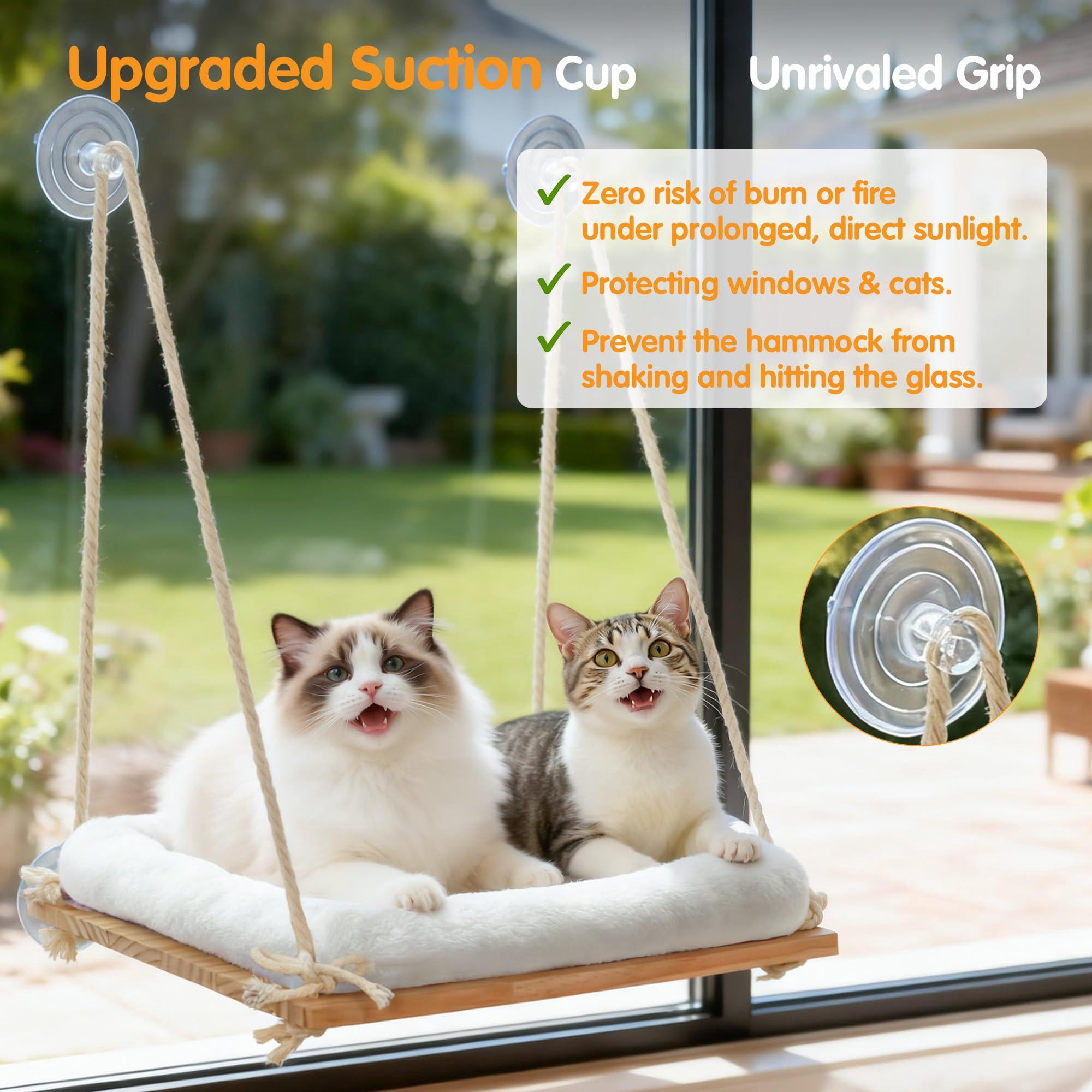 Cat Window Perch  Hammock Bed With Solid Wood Seat 4 Heavy Duty Suction Cups Plush Cushion Indoor Pet For Cats Large