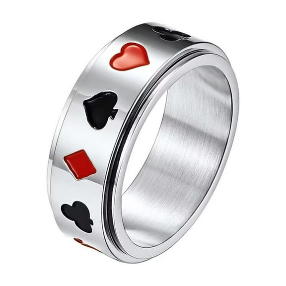 PAURO Men's Stainless Steel Classic Poker Pattern Rotatable Ring Set Fidget Band Rings for Party Silver Size 8