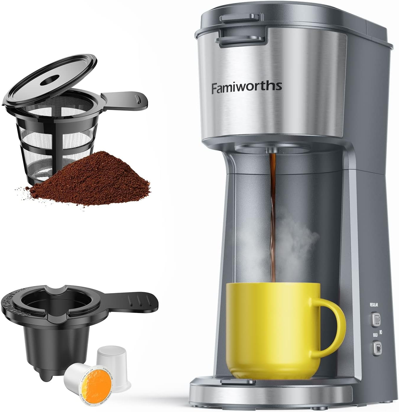 Famiworths Single Serve Coffee Maker for K Cup & Ground Coffee, With