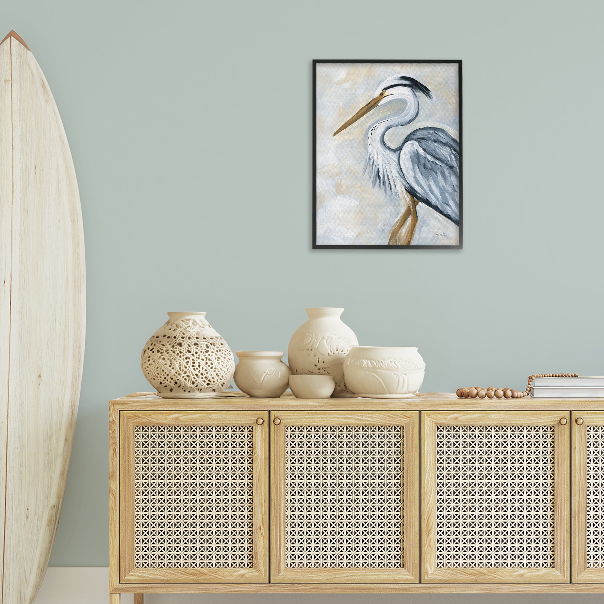 Stupell Industries Muted Blue Heron Animals & Insects Painting Black Framed Art Print Wall Art, 24 x 30