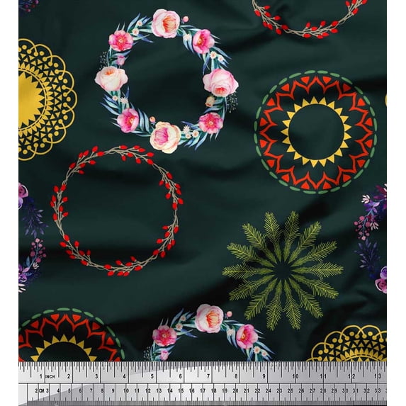 Soimoi Black Satin Silk Fabric Mandala & Floral Wreath Flower Decor Fabric Printed BTY 42 Inch Wide