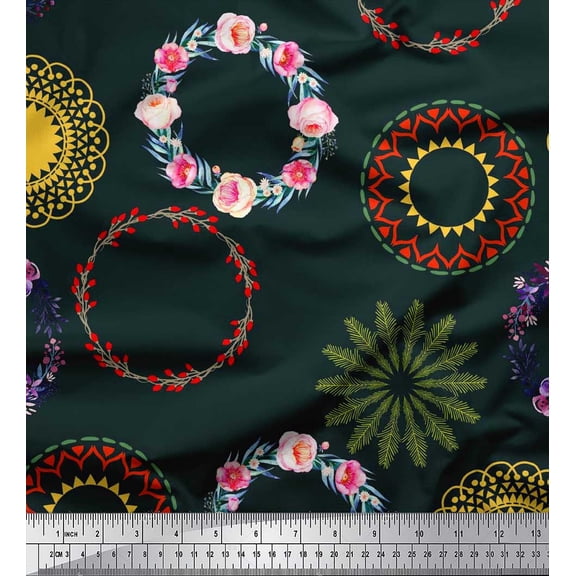 Soimoi Black Silk Fabric Mandala & Floral Wreath Flower Print Sewing Fabric BTY 42 Inch Wide
