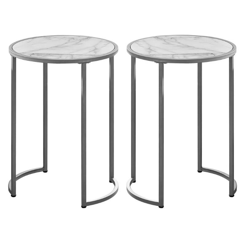 Home Square Faux Marble End Table in White and Silver Set of 2