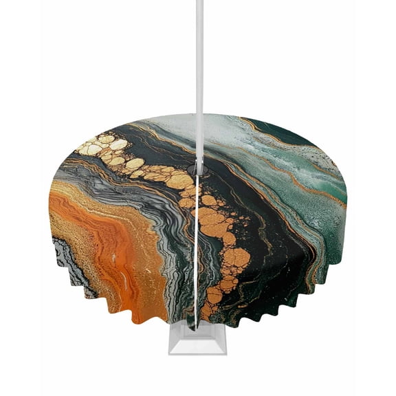 Fsddascl Teal Orange Marble Outdoor Tablecloth - 60 Inch Round Dining Table Cover, Modern Ink Painting Striped Abstract Waterproof Outdoor Table Cloth with Umbrella Hole & Zipper for Picnic/Patio
