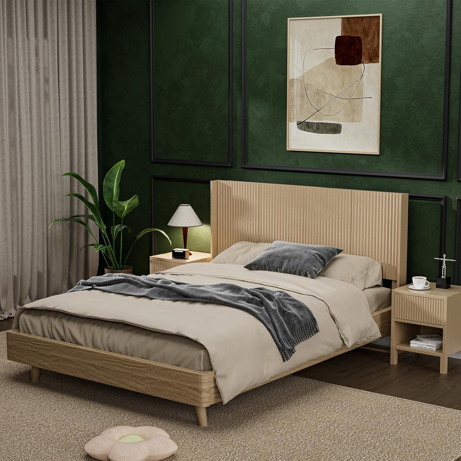 Wood Headboard Queen Size, 64.6" Wide Fluted Panel Headboard with Vertical Groove Design, Modern Farmhouse Wall Mounted, Wingback Boho Style for Bedroom, Natural Oak Finish