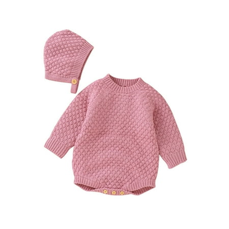 

HMOONORY Baby Girls Autumn Print Solid Crewneck Pullover Long Sleeve Knit Sweater Romper Bodysuit Hat Clothes