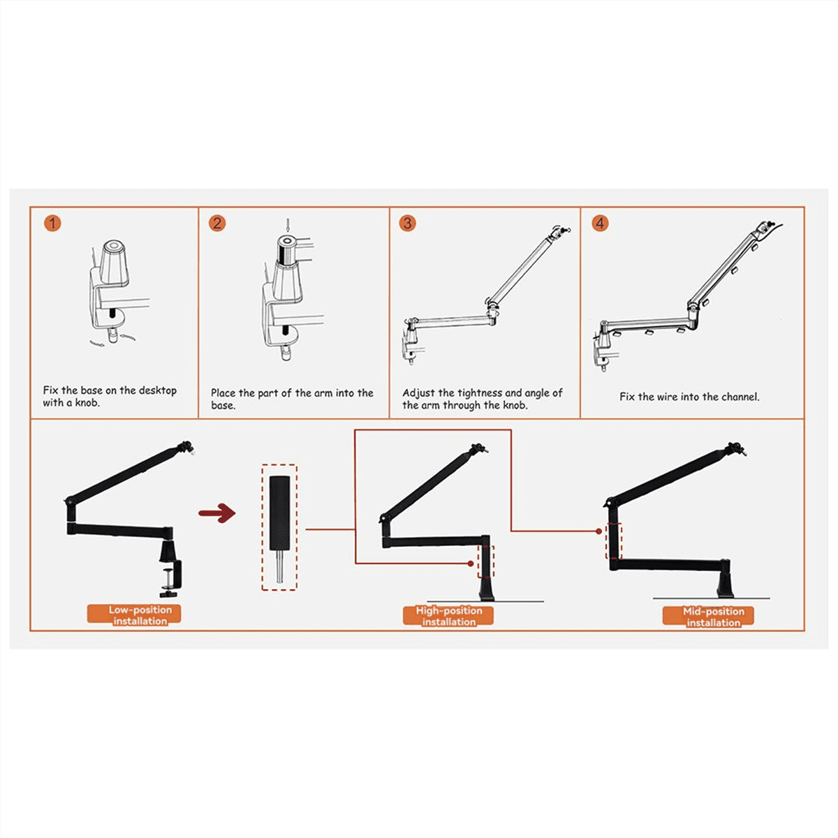 Low Position Microphone Boom Arm,360°Rotatable Mic Stand,Microphone Holder with 3/8inch 5/8inch Adapters,Microphone Arm,1 * Cantilever bracket 1 * English manual 1 set * accessories,Black