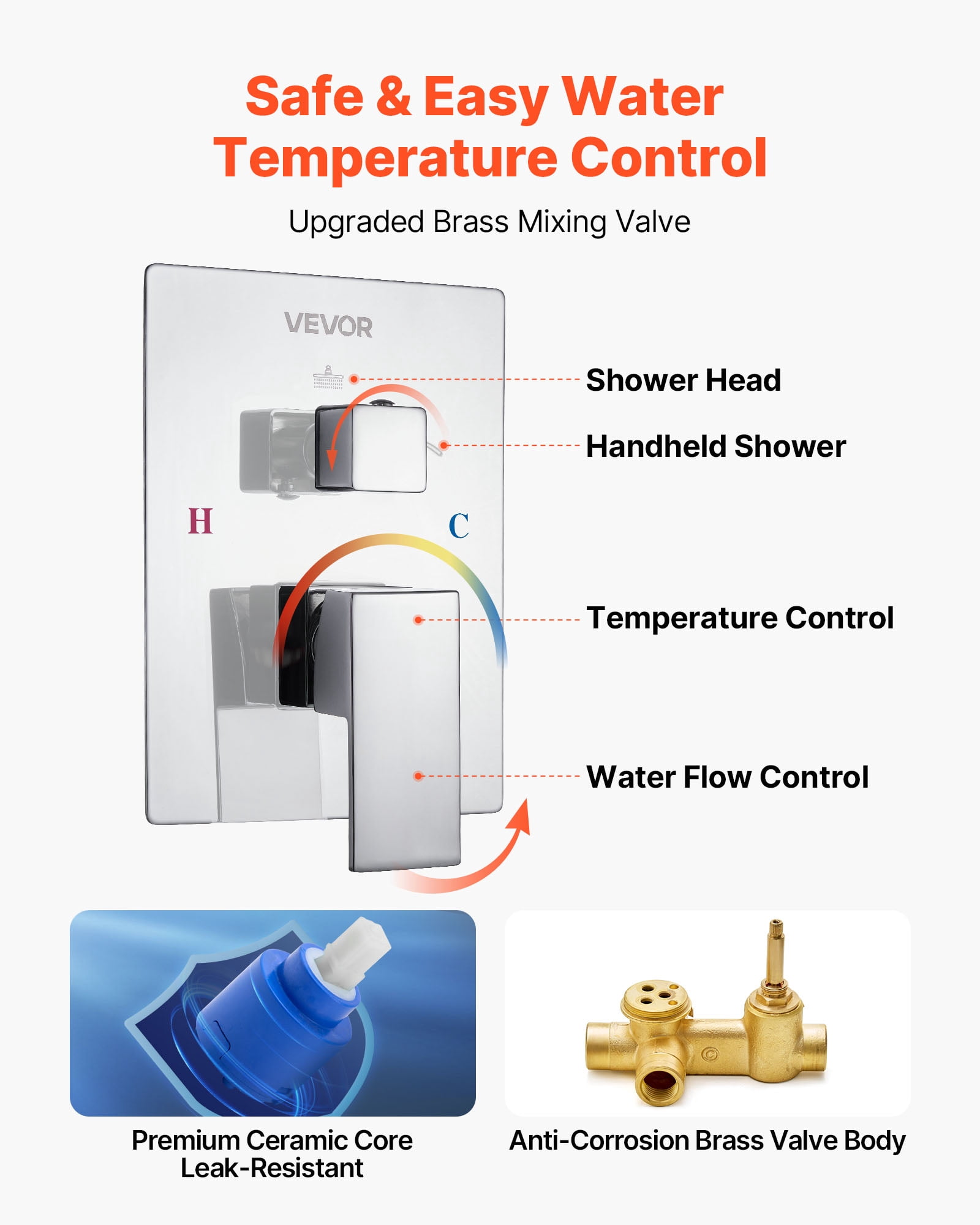 VEVOR Shower Faucet Set, Rainfall Bathroom Shower System with 12-Inch Square Rain Shower Head and Handheld Spray, Wall Mounted Bath Fixtures with Brass Valve and Trim Kit, Silver Chrome