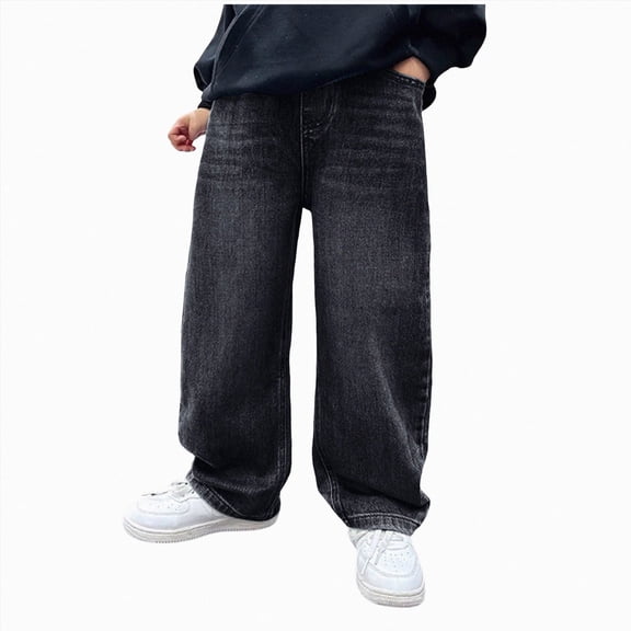 OYXSER Boys Wide Leg Baggy Jeans Loose Fit Elastic Waist Denim Pants for Teens Vintage Y2K, Black 9-10Y