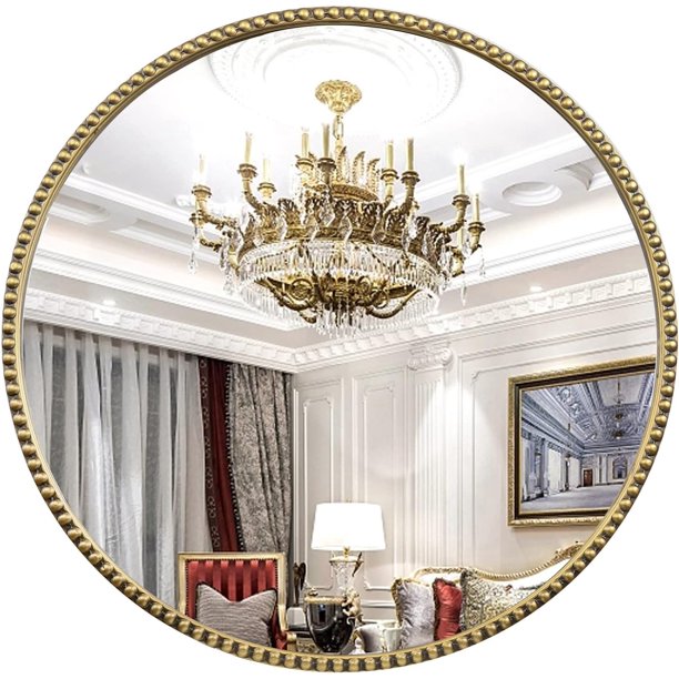 Espejo de pared redondo para baño, 28 x 28 pulgadas, espejo de metal dorado envejecido con abalorio de metal, espejo de maquillaje circular para recámara, sala de estar, entrada