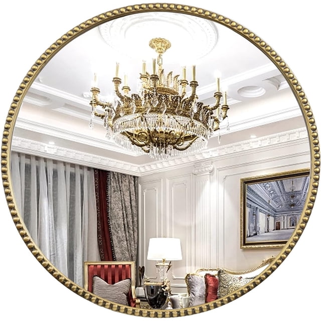Espejo de pared redondo para baño, 28 x 28 pulgadas, espejo de metal dorado envejecido con abalorio de metal, espejo de maquillaje circular para recámara, sala de estar, entrada