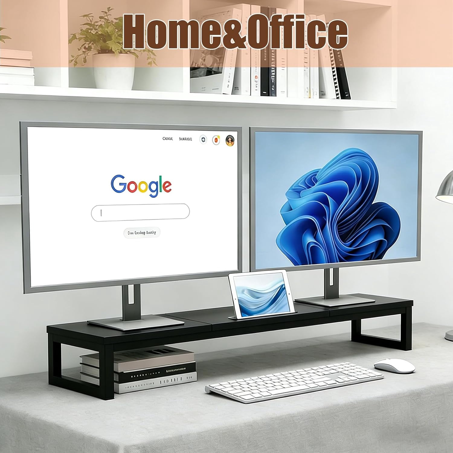 Dual Monitor Stand Riser 38.7 Inch Long Wood & Steel, 2 Monitors Desktop Stand with Tablet Holder, Ergonomic Organizer for Computer Laptop TV
