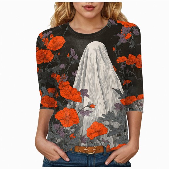 Godom Halloween Shirts Women Ghost Graphic Tees 3/4 Sleeve Fall Pumpkin T-Shirt Tops