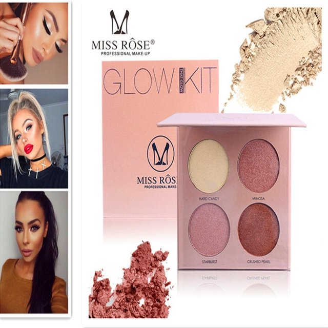 Paleta de maquillaje MISS ROSE de 4 colores, kit de brillo profesional, polvo facial prensado (#07)