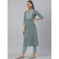 thumbnail image 4 of Jansaya Indian Keyhole Neck 3/4 Sleeve Block Print Green Cotton Straight Kurta with Pant For Women, 4 of 8