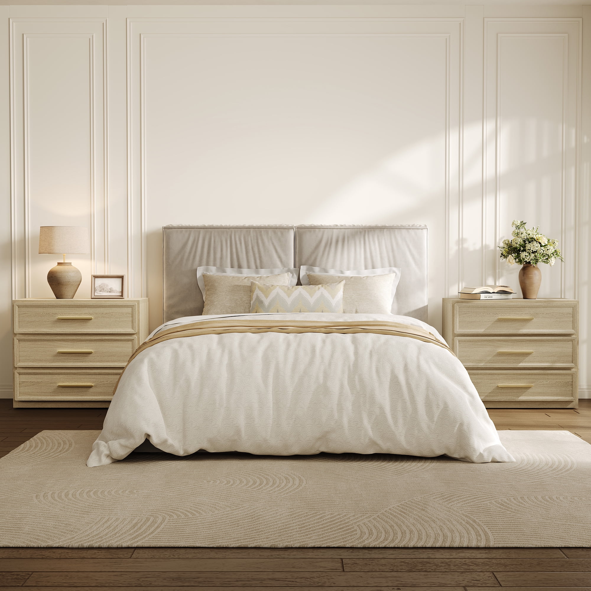 SICOTAS 31.3" W 3-Drawer Nightstand Set of 2 with Oversized Large Storage , Modern Night Stands Bedside Table with Adjustable Feet & Gold Handles for Bedroom Living Room Entryway, Light Oak