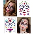 thumbnail image 5 of Tatuajes temporales de cara de Halloween (paquete de 9), día de los muertos, calavera de azúcar floral, esqueleto negro, rosa roja, máscara de cara completa, tatuaje para adultos, hombres y mujeres, JAMW Sencillez, 5 of 5