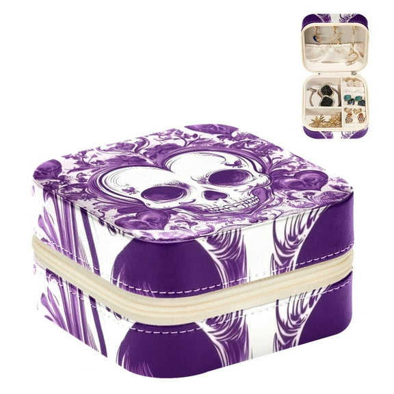 PhooArto Small Jewellery Box, Purple Heart Skull Pattern Portable Travel Mini Jewelry Case for Women Leather Ring Organizer