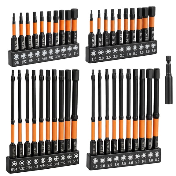 41Pcs S2 Alloy Steel Allen/Hex Screwdriver Bit Set, Metric & SAE 2in/4in Screwdriver Bits with 2.36in Magnetic Extension Holder for Impact Drill Home Auto and Industrial Repair