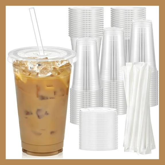 Pokanic Plastic Clear Cups 20 oz with Lids and Straws 100 Set Disposable Cold Beverage Drinking Iced Coffee Water Juice Tea Party Travel Cafe Restaurant School Office Home Kitchen (100 Set, 20 oz)