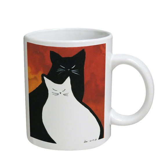 KuzmarK Coffee Cup Mug 11 Ounce - Black & White Kitties Abstract Cat Art by Denise Every