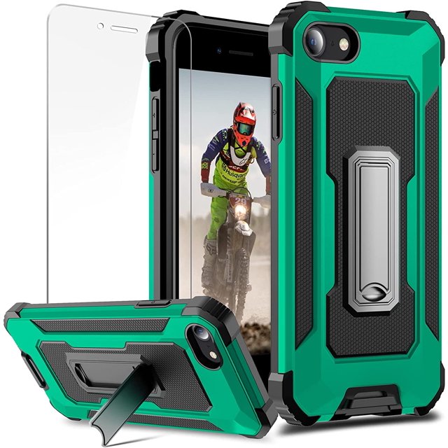 for iPhone SE 2020 Case, iPhone 7/8 Case Rugged Military Dual Layer Heavy Duty iPhone SE 2020 Case with Screen Protector TPU Bumper Full Protection Metal Kickstand Shockproof Case 4.7 inch,Dark Green