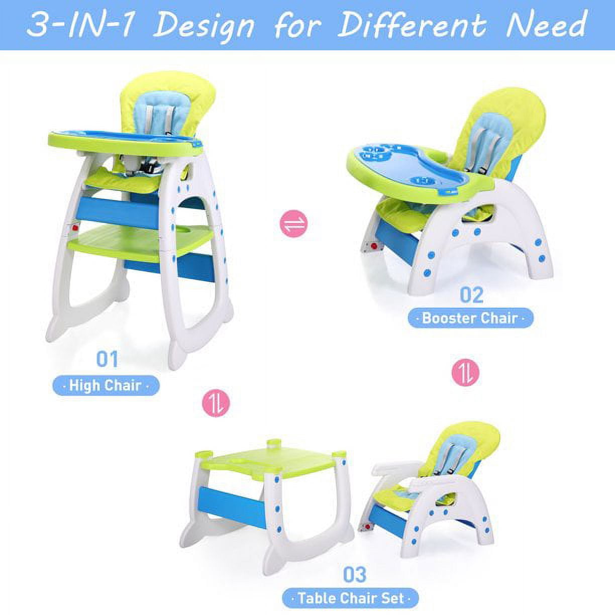 3 in 1 Baby High Chair, Convertible High Chairs for Babies and Toddlers, Baby Chair with Tray, 3 Position Adjustment Toddler Chair for Eating,5 Point Harness with Toddler Feeding Chair (Green)