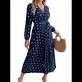 thumbnail image 1 of Vestido Plisado de Larga con Cuello en V y Lunares para Mujer, Informal, Holgado y con Cinturón Azul Marino M, 1 of 10