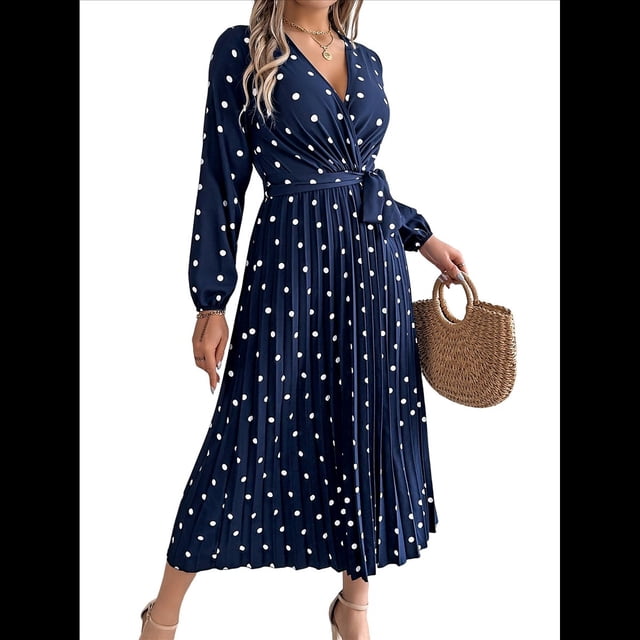 Vestido Plisado de Larga con Cuello en V y Lunares para Mujer, Informal, Holgado y con Cinturón Azul Marino M