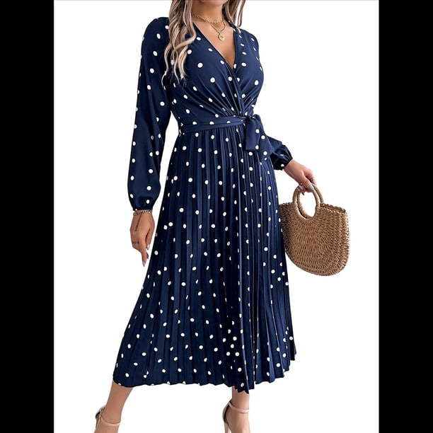 Vestido Plisado de Larga con Cuello en V y Lunares para Mujer, Informal, Holgado y con Cinturón Azul Marino M