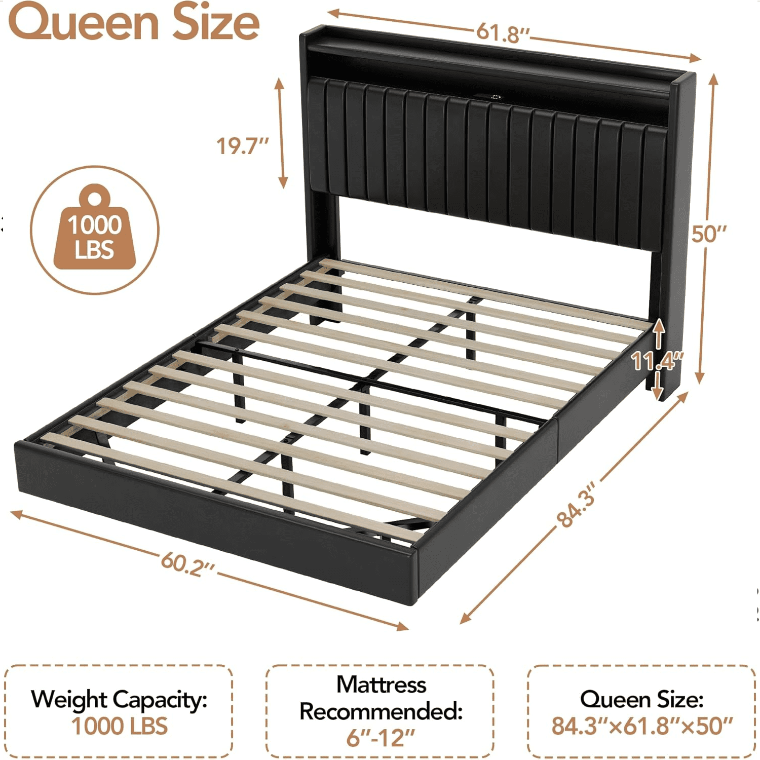 Full/Queen Size Floating Platform Bed with RGB LED Light and USB Charging Station,PU Leather Upholstered Queen Bed Frame with Storage Headboard,No Box Spring Needed