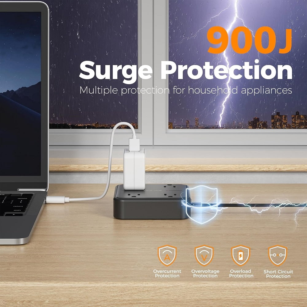 10Ft Extension Cord Power Strip with 4 Outlets & 3 USB (1 USB C), Ultra Thin Flat Surge Protector, Black