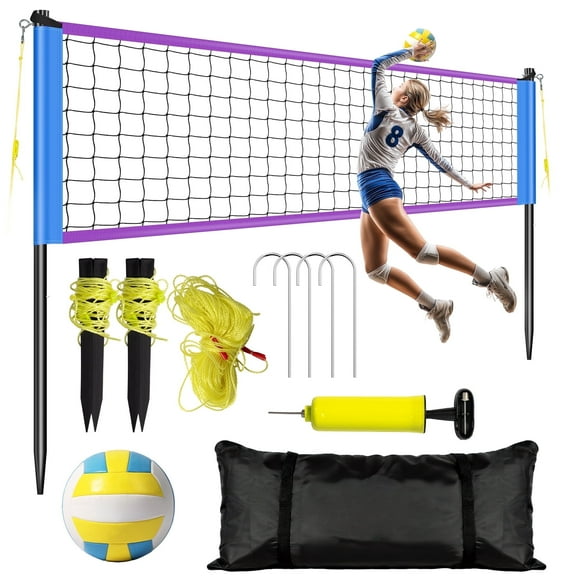 ‌FITPLAY Volleyball Net Set with Adjustable Poles, Portable Outdoor Durable Net, Soft PU Volleyball & Pump, Carry Bag for Backyard Beach