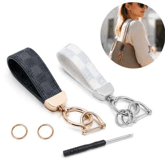 Set of 2 Checkered Faux Leather Keychains, Spring Ring D-Ring Key Straps with Matching Screwdriver, Dual Tone Metal Hardware Car Key Holders