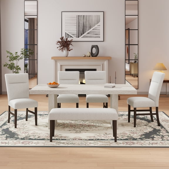 Roundhill Furniture Cavira 6-Piece Modern Dining Set, Faux Marble Dining Table with 4 Chairs and Bench, Beige