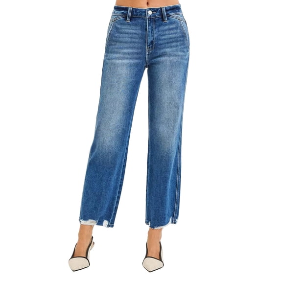 RISEN High Rise Ankle Straight Distressed Hem Detail Jeans