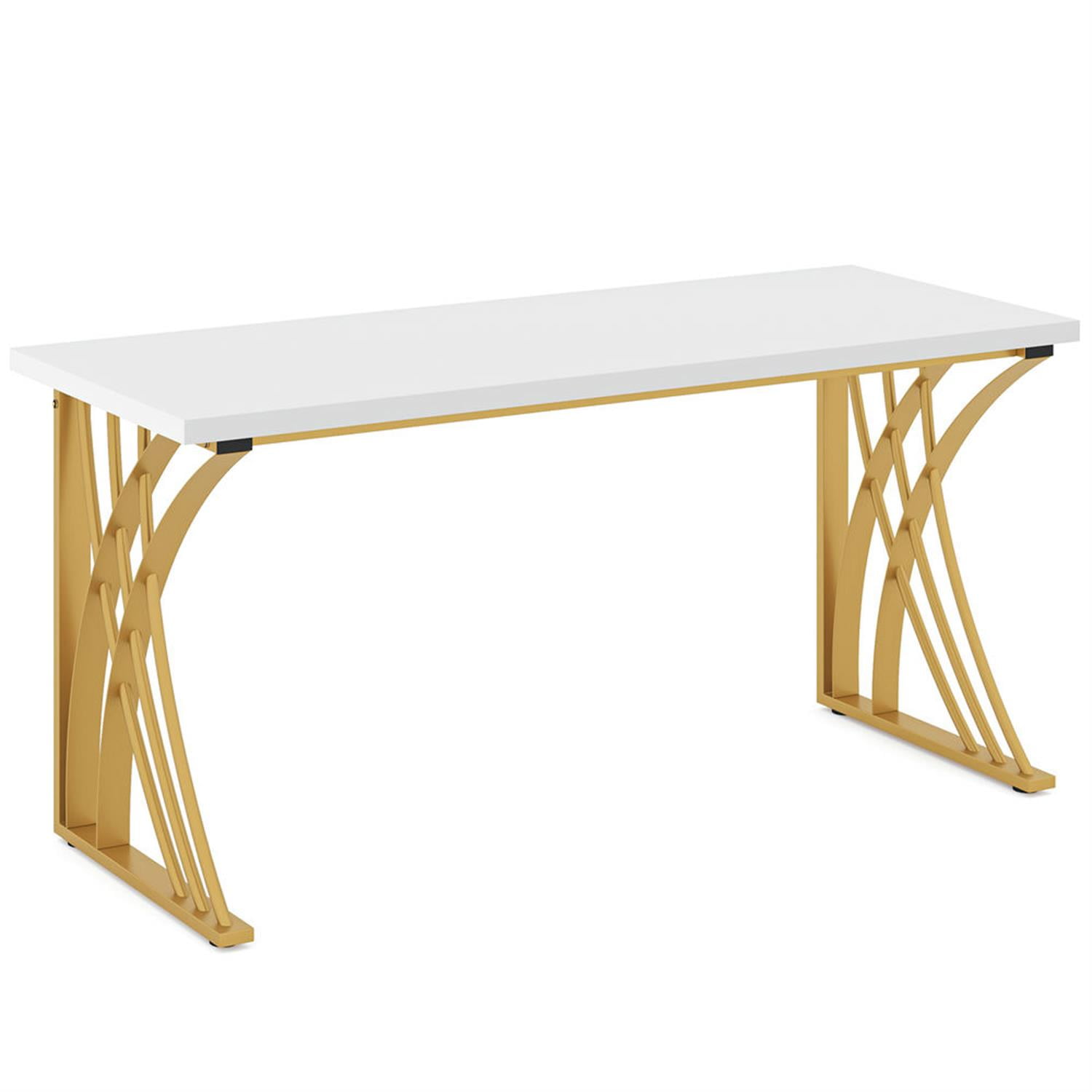 Demi Bonn 55" Executive Computer Desk with Gold Metal Legs, Modern Study Writing Gaming Table for Home Office, White