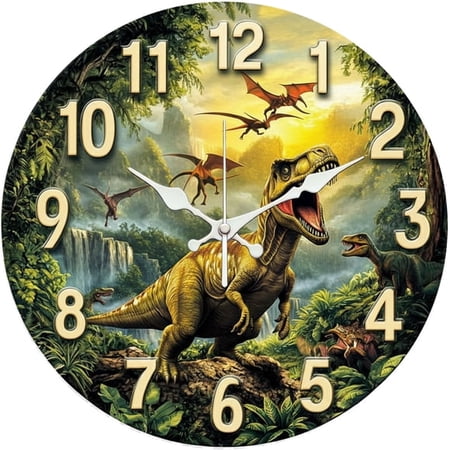 SBEMP10in Silent Wall Clock, Jurassic Dinosaur Jungle Decorative Wall Clock, Battery Operated Non-Ticking Round Clock for s Room Boys Room Dinosaur Home Decor