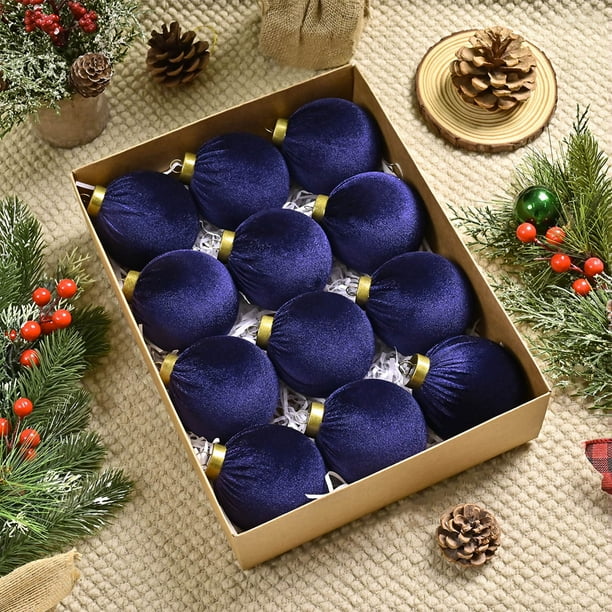 Adornos navideños, adornos navideños, regalos navideños, 12 bolas navideñas de terciopelo flocadas, adornos navideños de plástico, adornos colgantes decorativos navideños, decoración para árbol de Nav