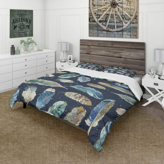 Designart 'Indigold metallic feathers Pattern' Cottage Duvet Cover Set