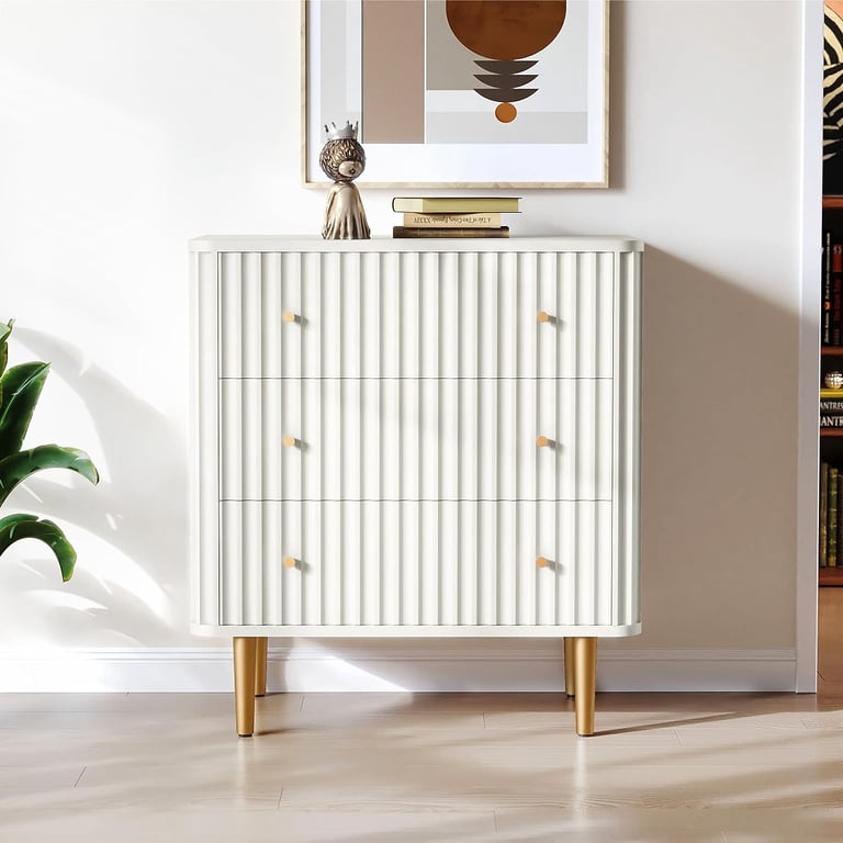slim fit dress slacks Benzara Eli 34 Inch 3 Drawer Small Dresser Nightstand, Corrugated Panels,  White, Gold - BM284287