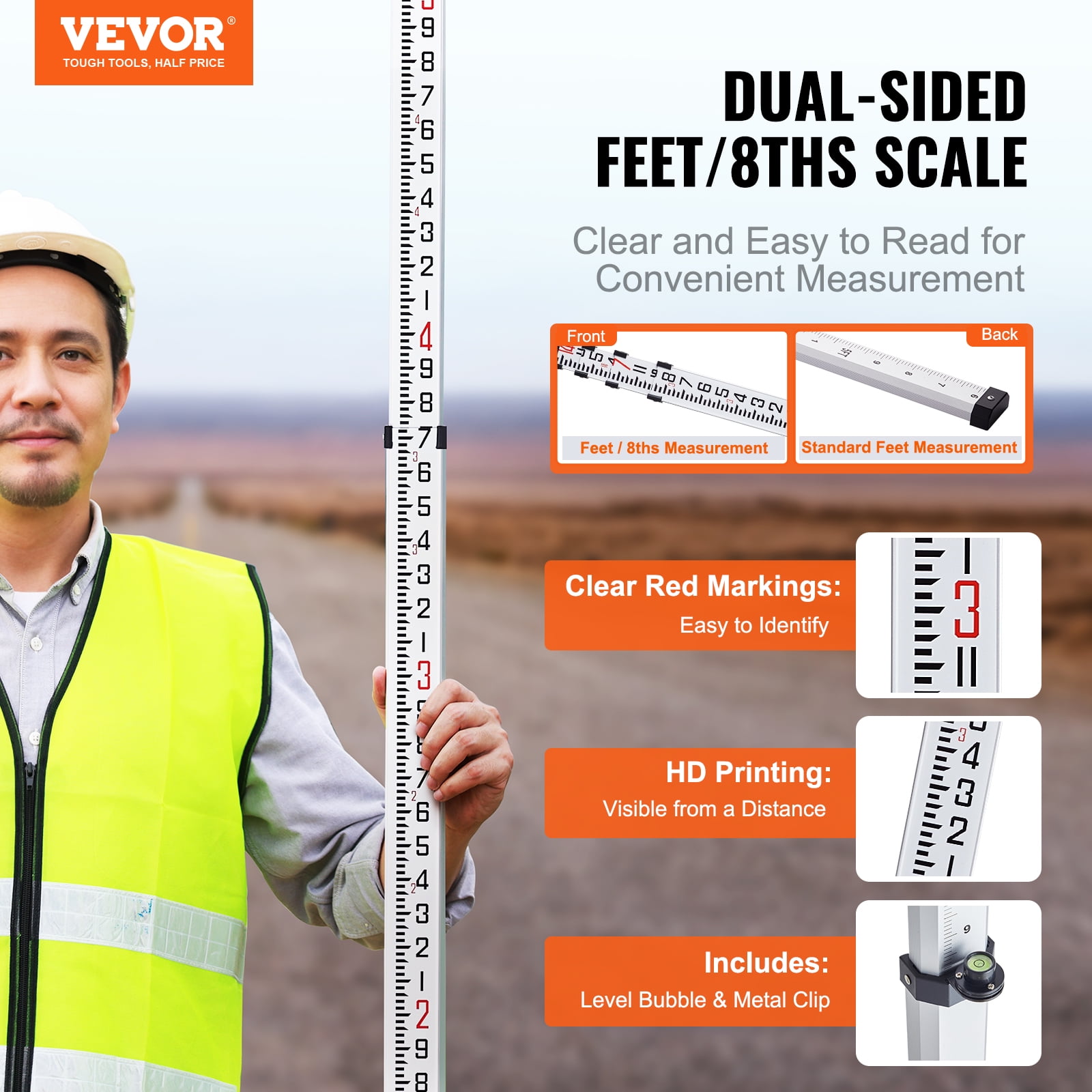 VEVOR Aluminum Grade Rod,14-Feet/8ths 4 Sections Telescopic Measuring Rod,Double-Sided Scale 1/8in Leveling Rod Stick,Aluminum Alloy Survey Rod w/ Bubble Level &Carrying Bag for Houses,Walls,Floors
