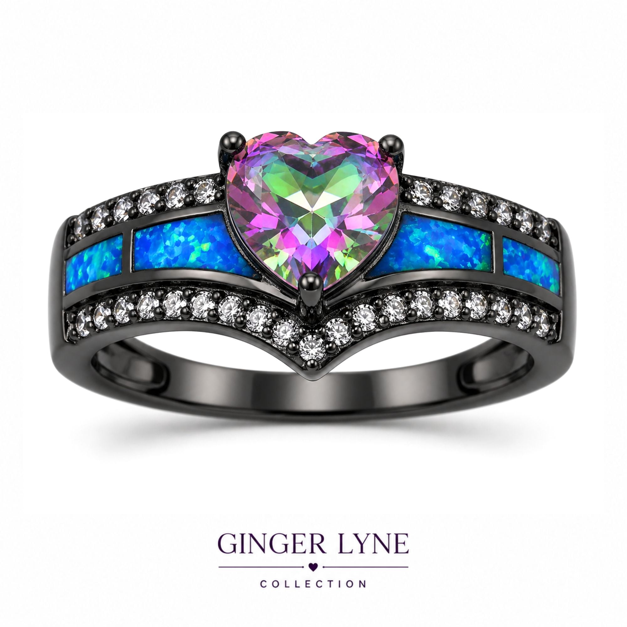 Black Engagement Ring for Women Mystic Topaz CZ Heart Promise Ring  Gift for Her Ginger Lyne