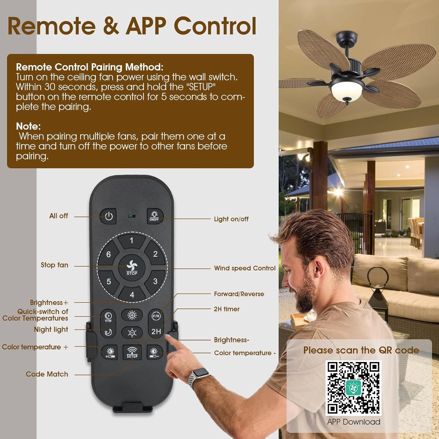 50 Inch Tropical Ceiling Fan with Light & Remote Control, Waterproof Palm Leaf Ceiling Fan for Patio, Porch, Gazebo, Outdoor, 6 Speeds, Quiet Operation, LED Light, Wet Rated, Brown with Glass, 41W