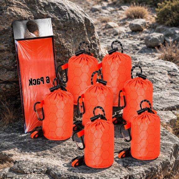 6 Pack Emergency Sleeping Bags with , Thermal Bivy Sack Blanket, Aluminized PE Lightweight Portable Nylon Sleeping Bag for Camping Hiking Outdoor