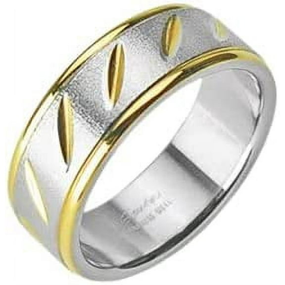 Size 12 Surgical Stainless Steel Couple Ring/IP Gold/ Brushed Steel Center/Dia Cut