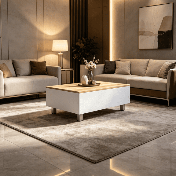 Lift Top Coffee Table with Storage, White and Light Oak Design for Modern Living Room