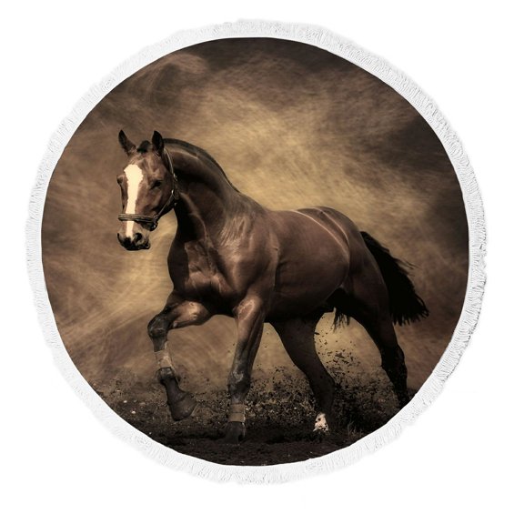 ZKGK Running Horse Round Beach Towel Beach Mats Beach Shawl Beach Blanket with Tassels Beach Throw Towel Yoga Mat