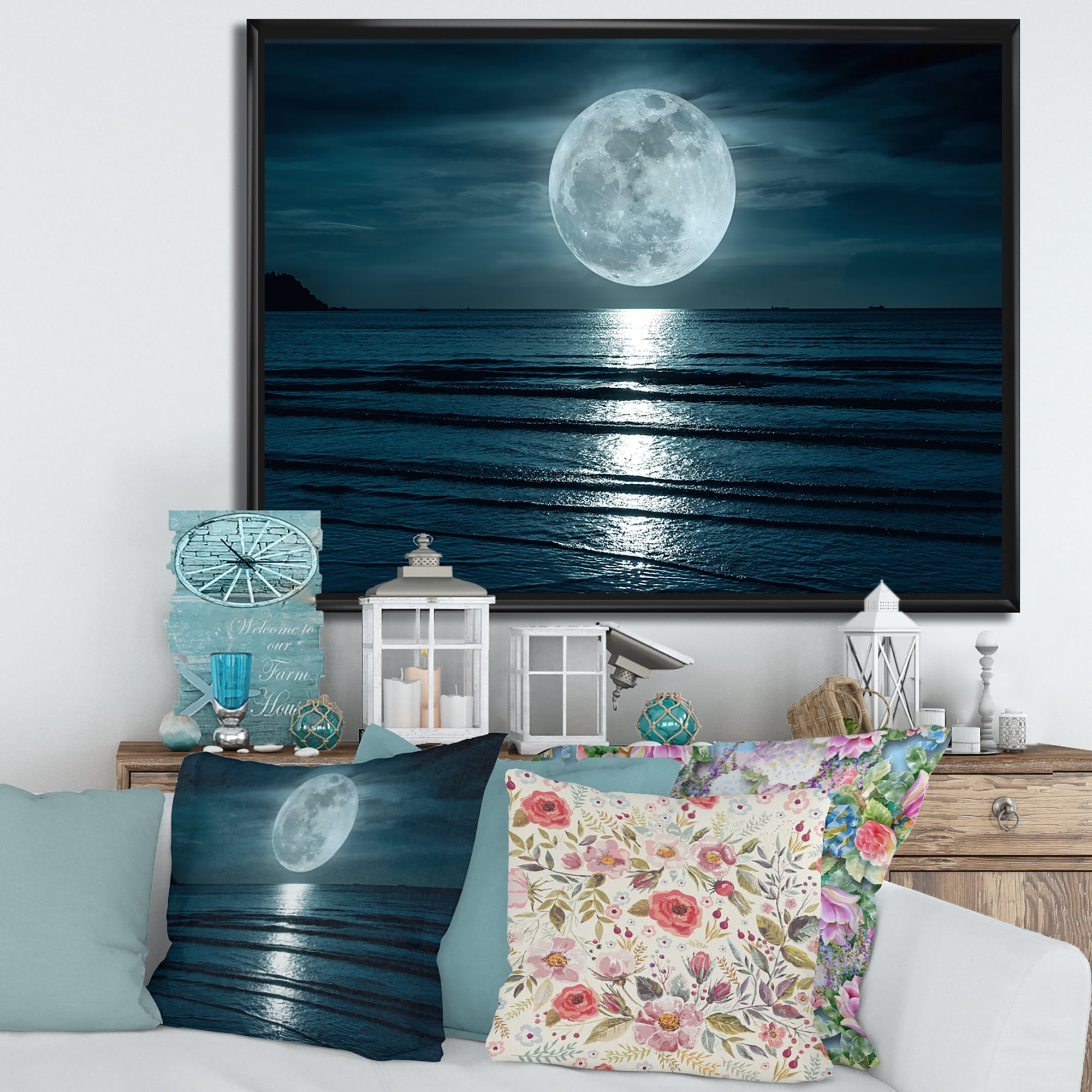 Designart 'Super Full Moon Over The Sea I' Modern Framed Canvas Wall Art Print